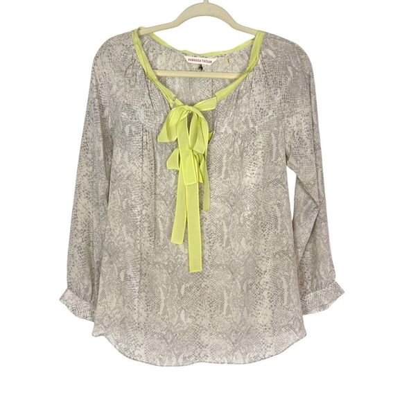Rebecca Taylor Silk Blouse Womens 4 Gray Snakeskin Print yellow Tie Ribbon top - Picture 1 of 12
